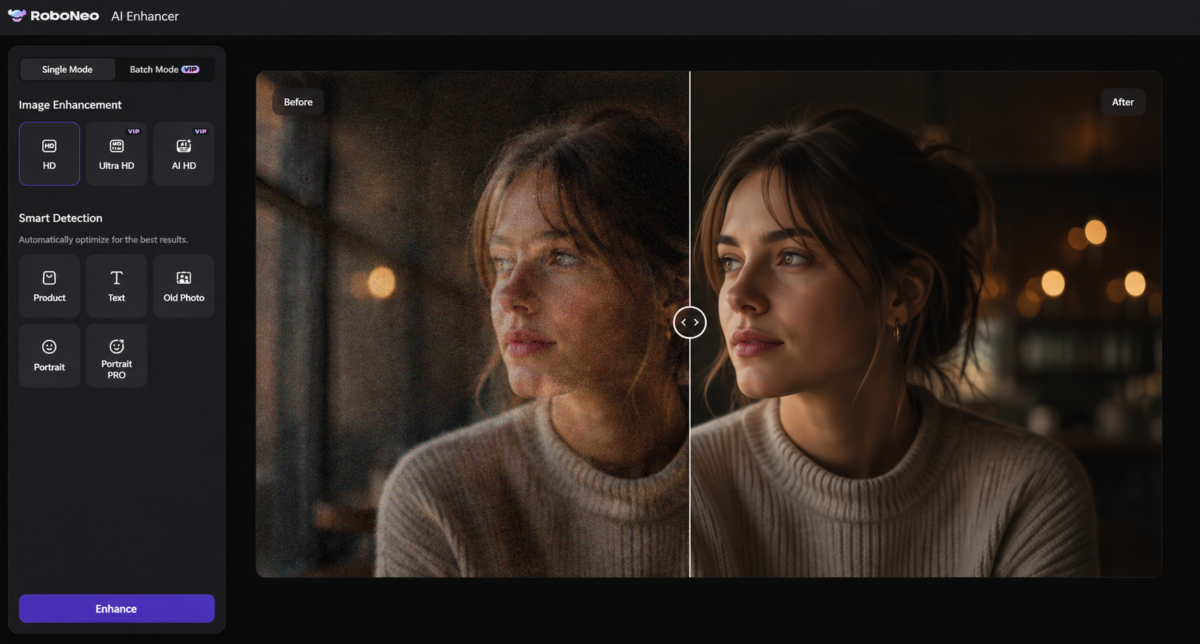 RoboNeo AI photo enhancer grain removal