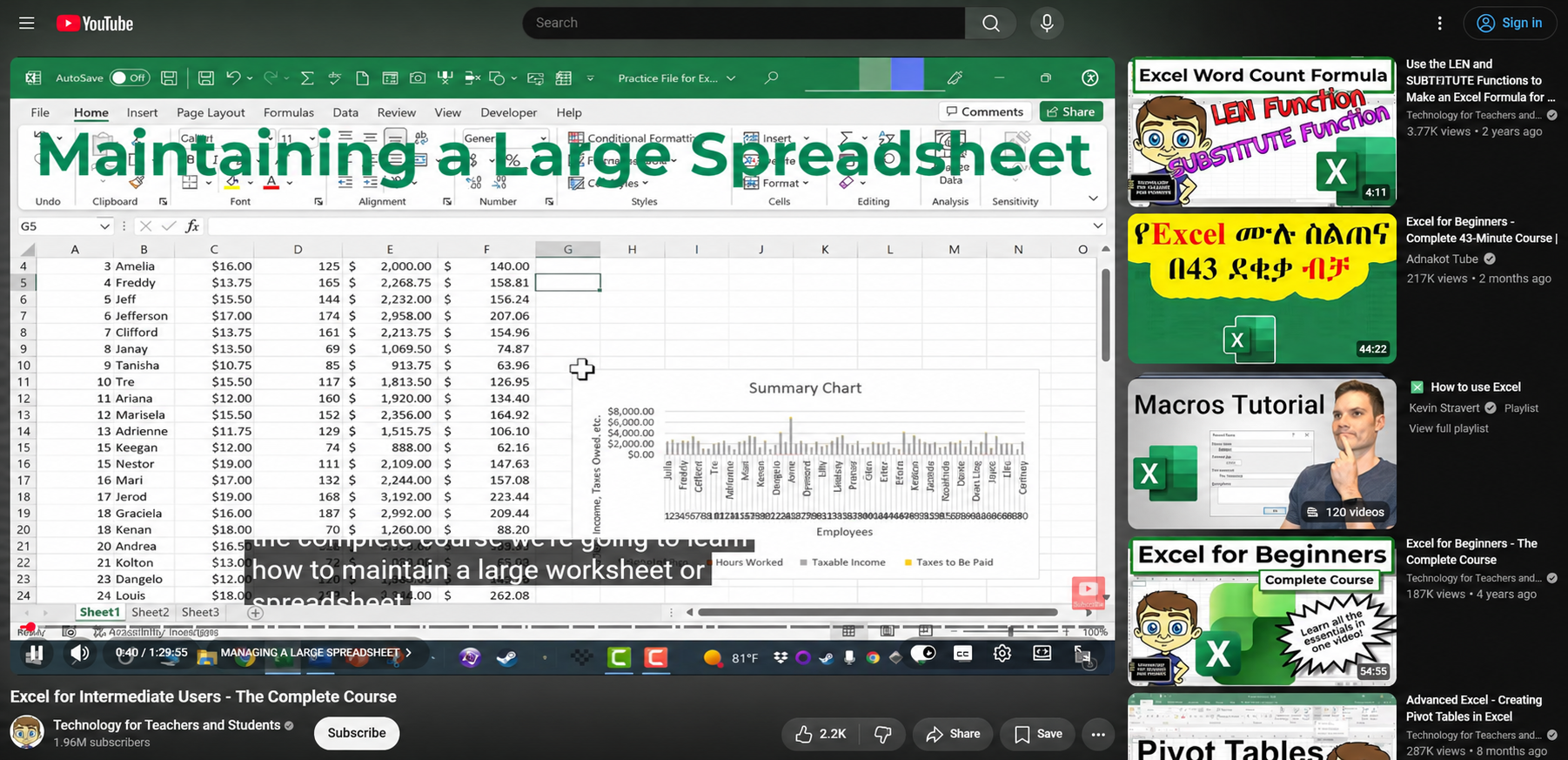 YouTube Microsoft Excel spreadsheet tutorial