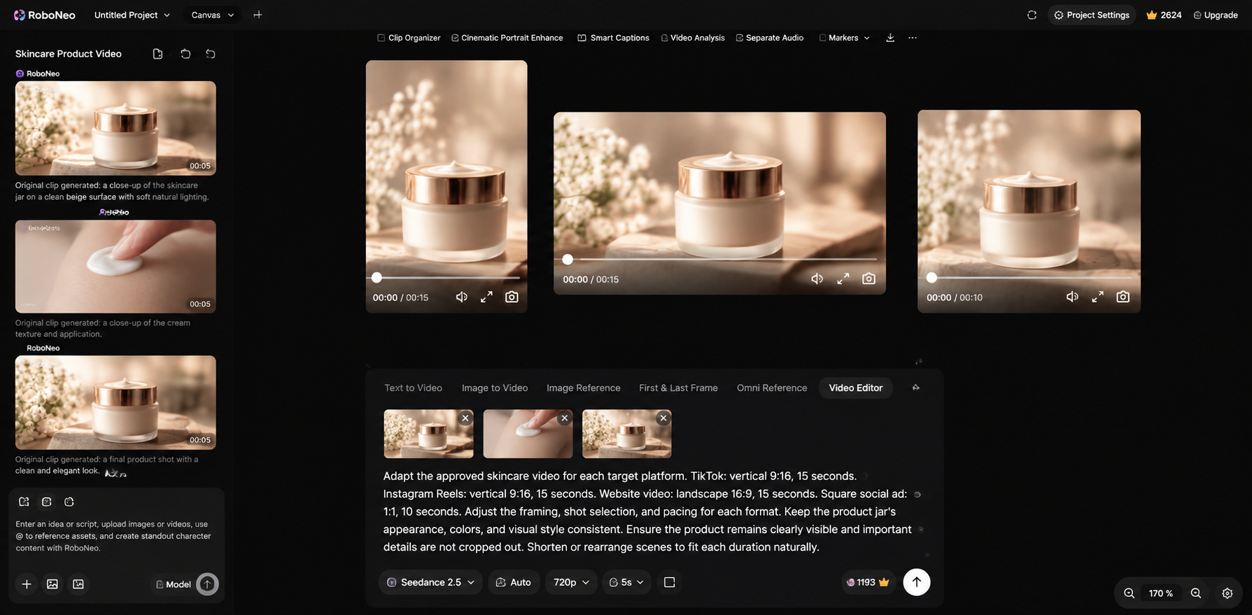 RoboNeo AI video editor for skincare product formats