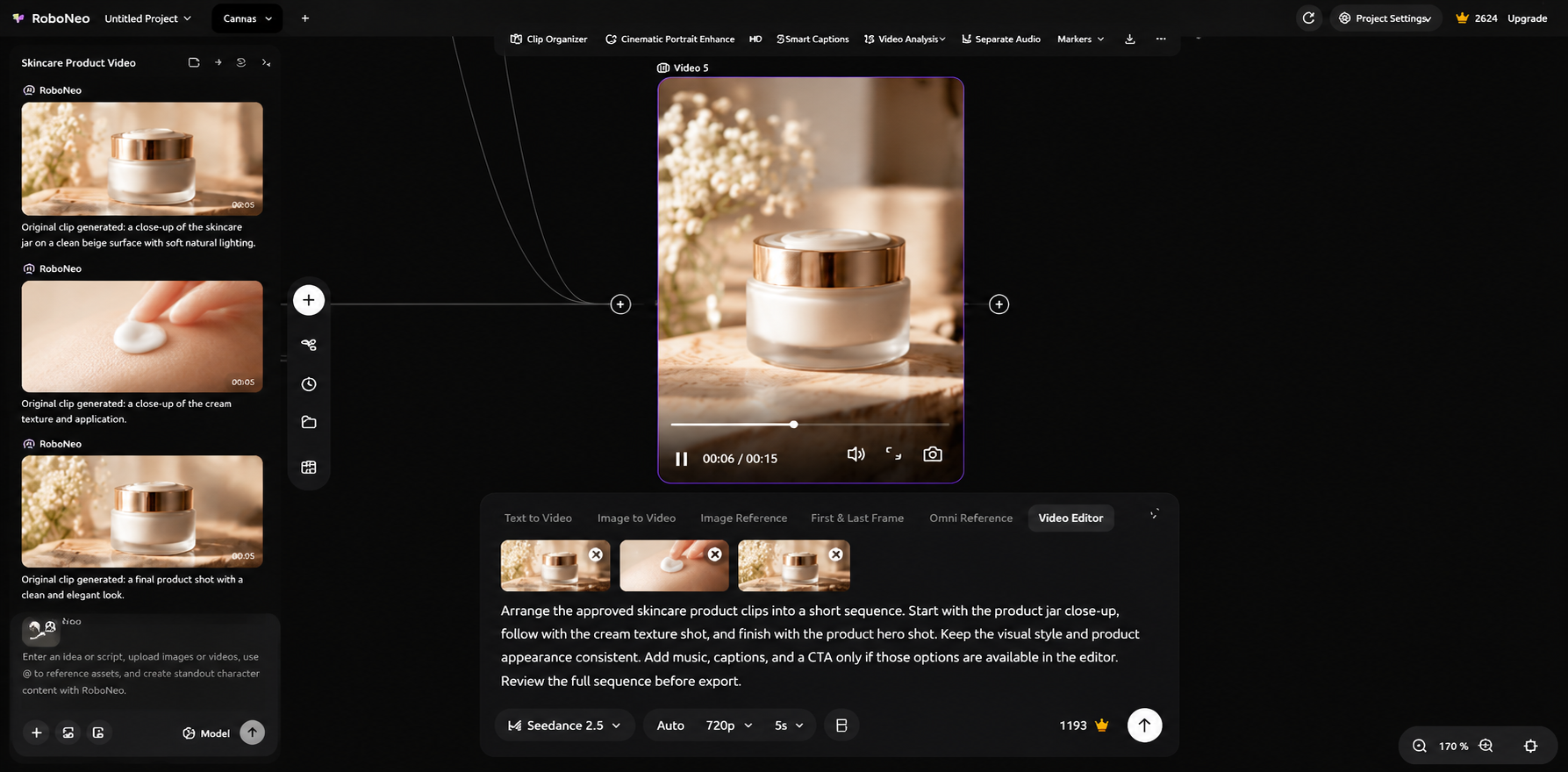 RoboNeo AI skincare video editor and clip sequencing