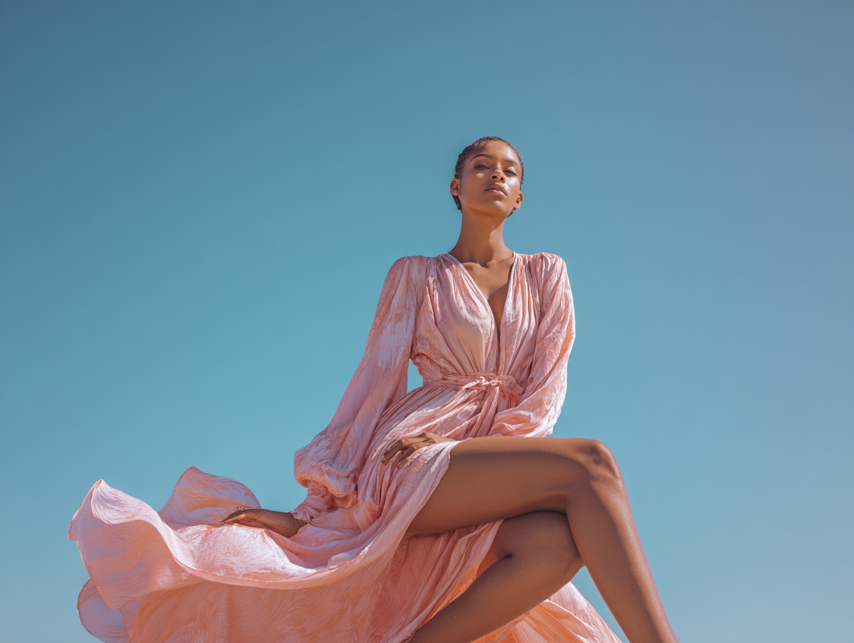 A woman wearing a flowing pink dress sits confidently against a clear blue sky, with the fabric of the dress moving gently in the breeze. The image has a bright, airy atmosphere and a fashion editorial style.
