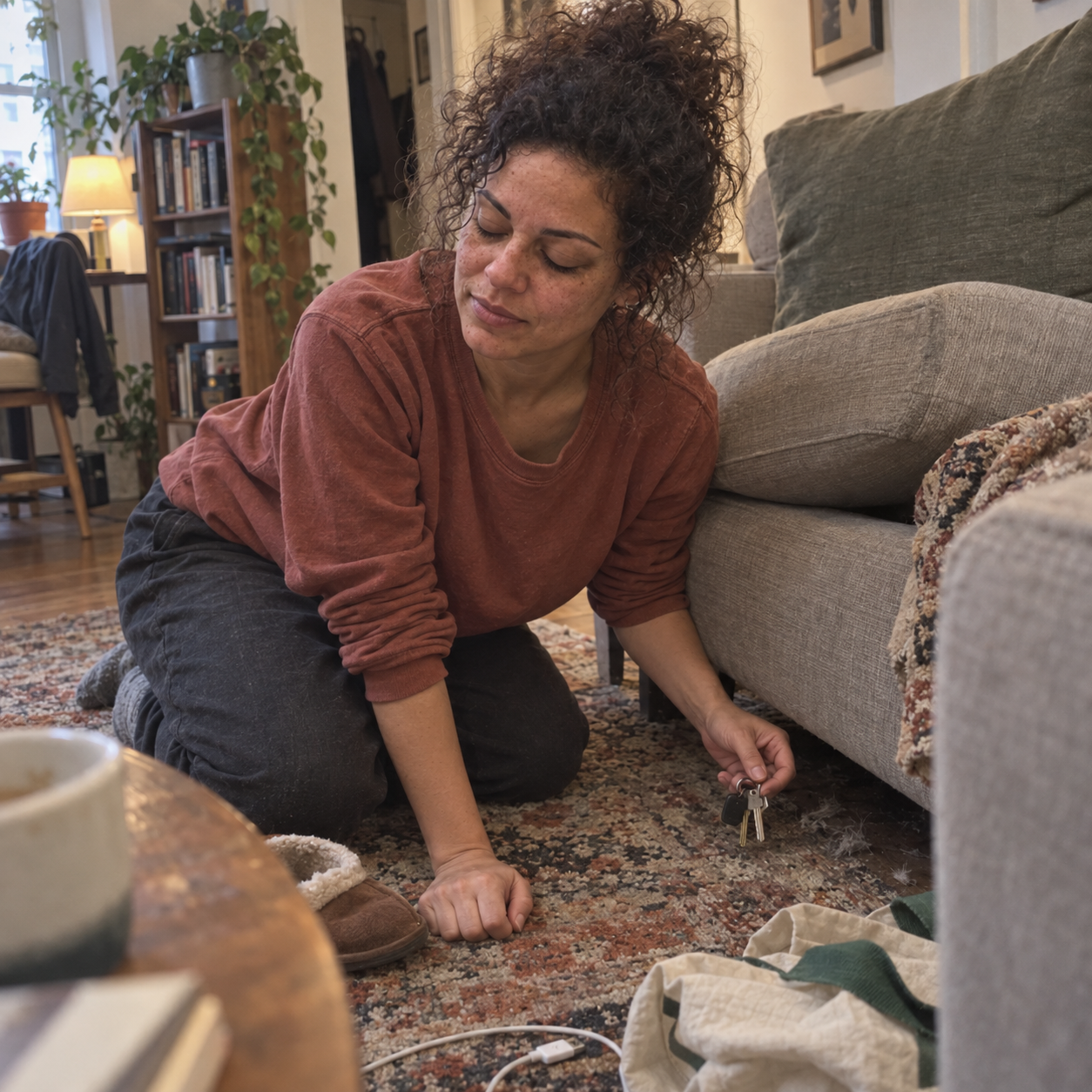 Maya R. finding lost keys under a sofa