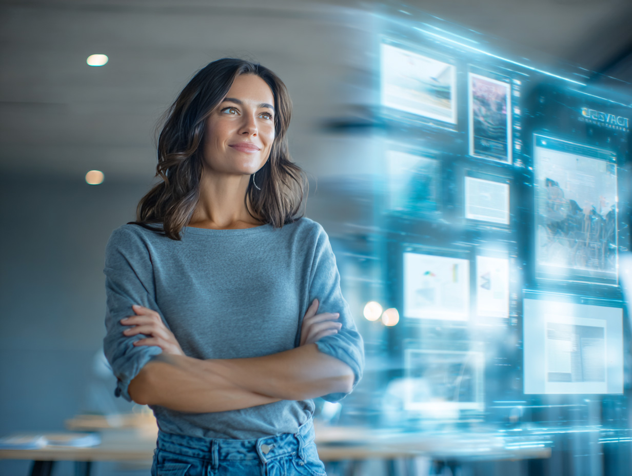 Confident professional woman standing with arms crossed in a modern workspace, looking at futuristic digital screens and data interfaces, symbolizing innovation, artificial intelligence, and data-driven decision making.
