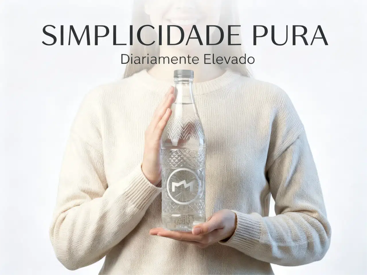 Uma mulher segurando uma garrafa de água mineral com design elegante, acompanhada pelo texto "PURE SIMPLICITY - Elevated Daily" em um fundo clean.