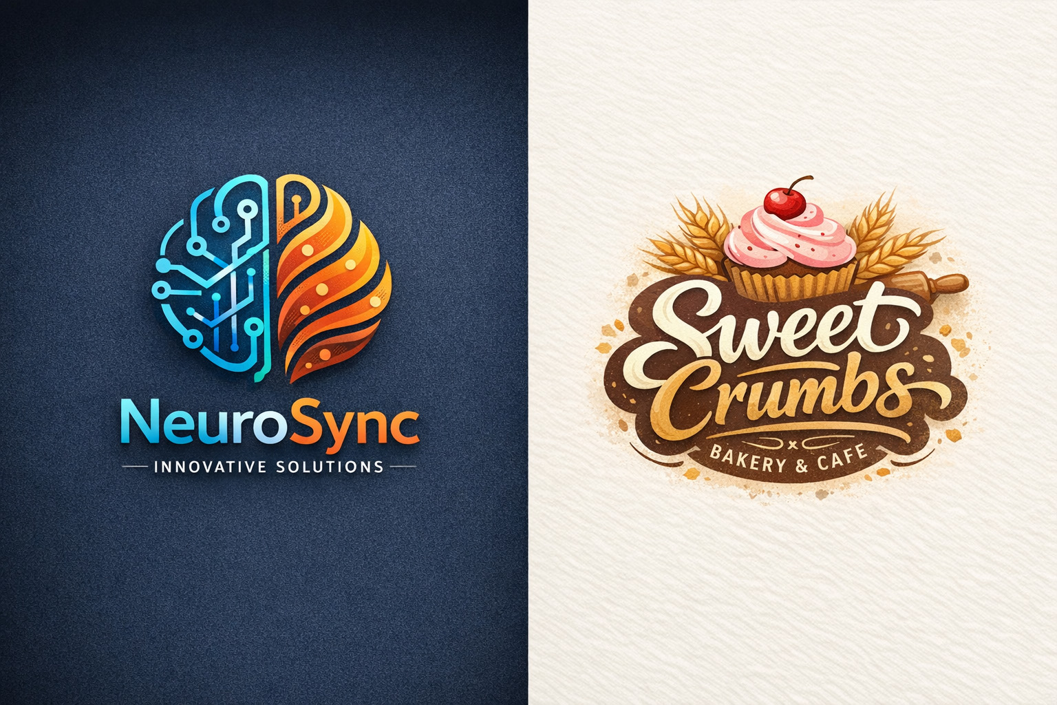 Brand identity logo examples demonstrating different visual styles, from modern tech branding to illustrative food and café branding.