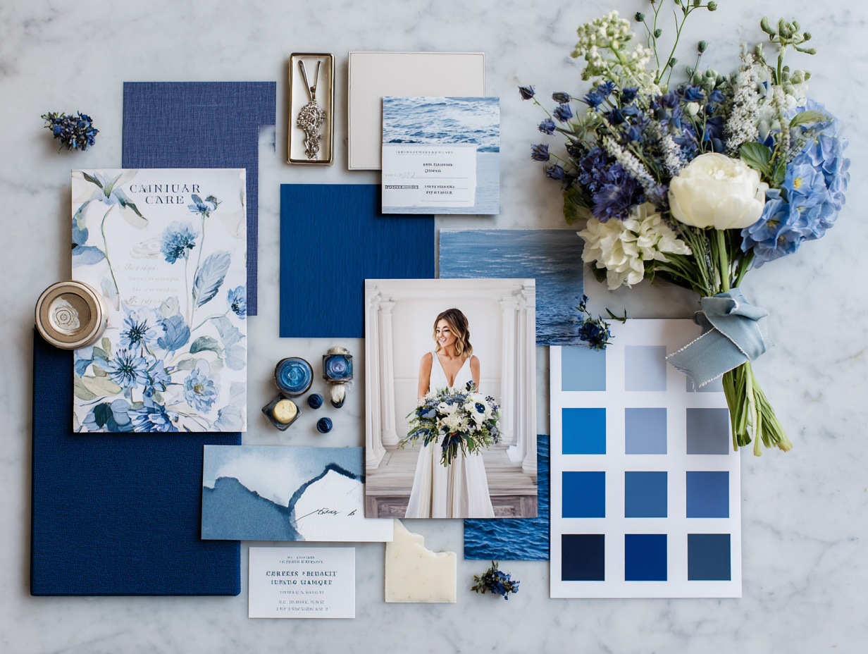 Blue and white wedding branding flat lay featuring floral invitation design, textured paper, color swatches, wax seals, jewelry, bouquet styling, and a bridal portrait, showcasing an elegant and cohesive wedding brand identity.