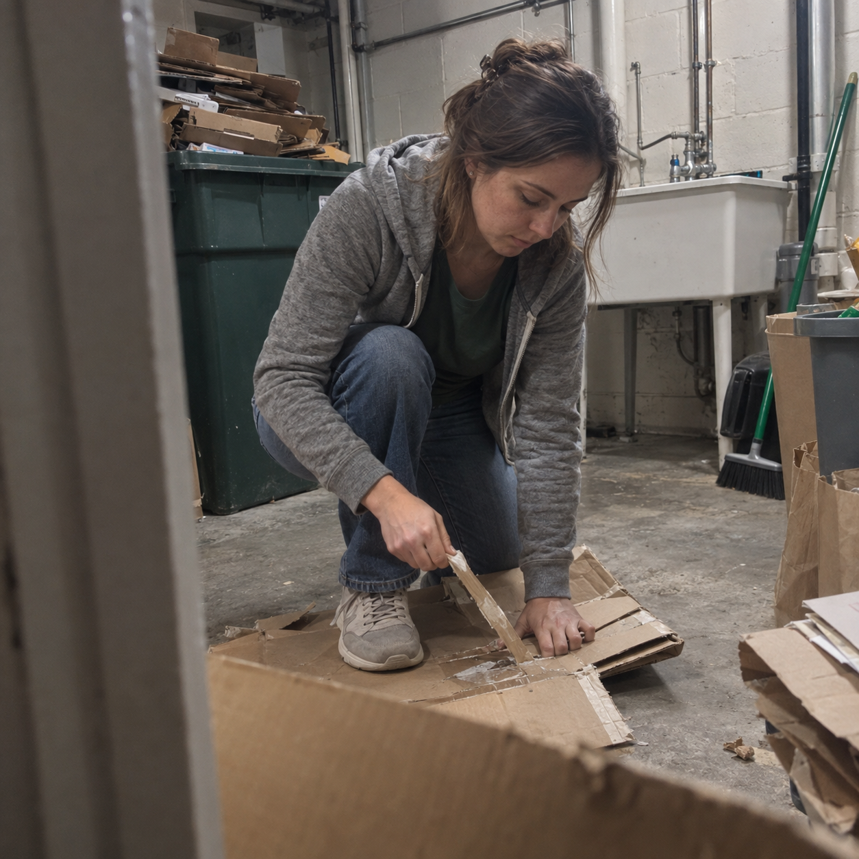 Natalie C. flattening boxes for recycling