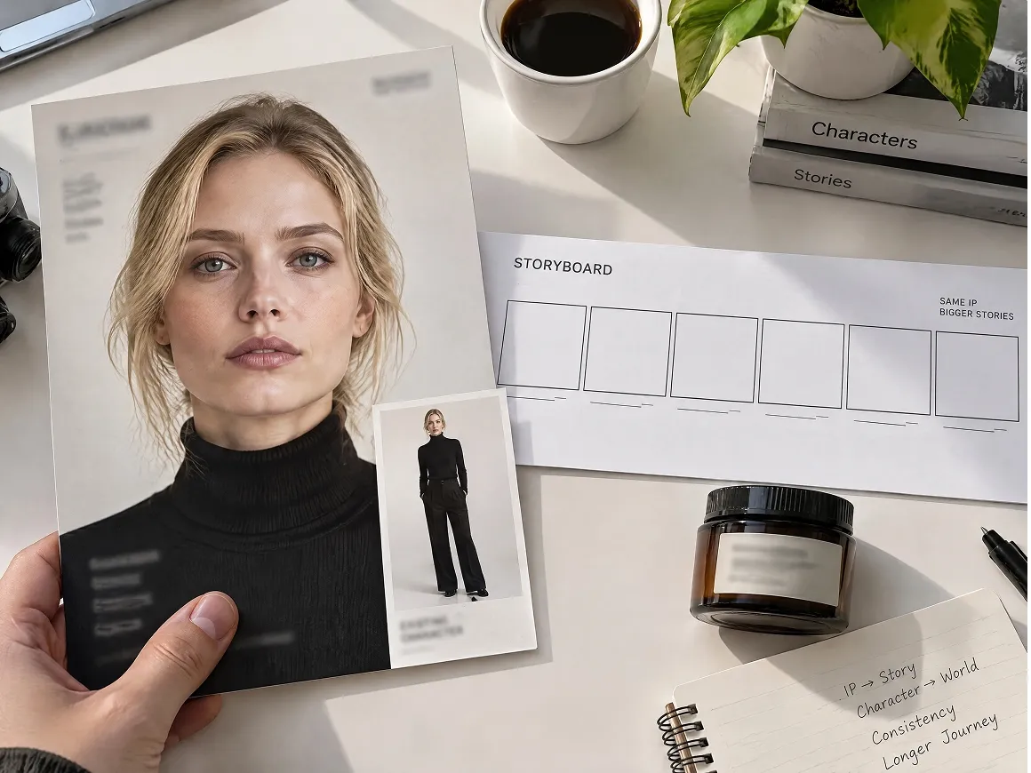 woman holding a character reference sheet