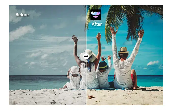 AI video denoising before-and-after showing a blurry, noisy beach sunset restored to clear, sharp footage with RoboNeo noise reduction