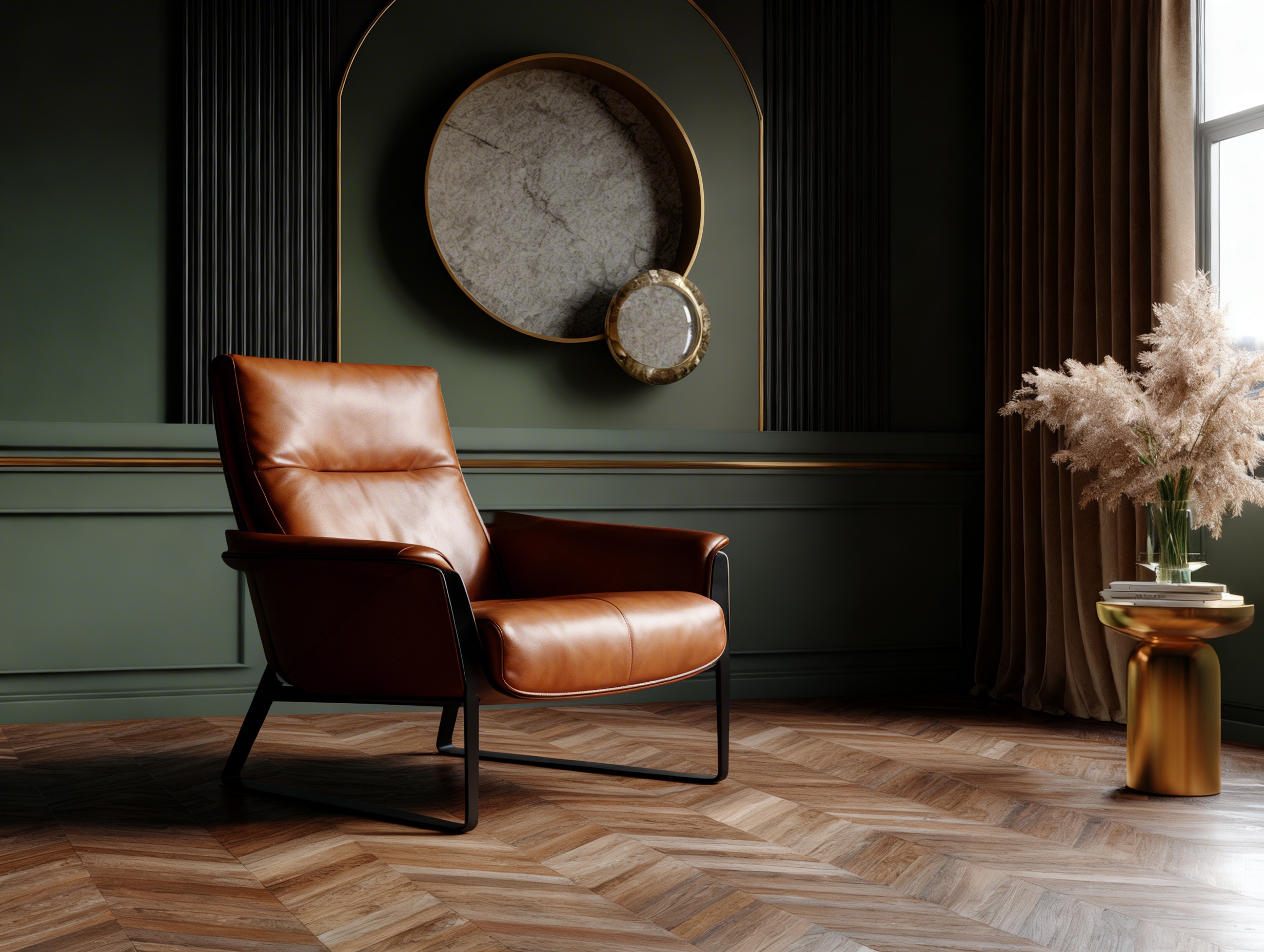 A modern brown leather armchair placed in an elegant interior with green paneled walls, wooden herringbone floor, and soft natural lighting, styled as a high-end furniture product scene.