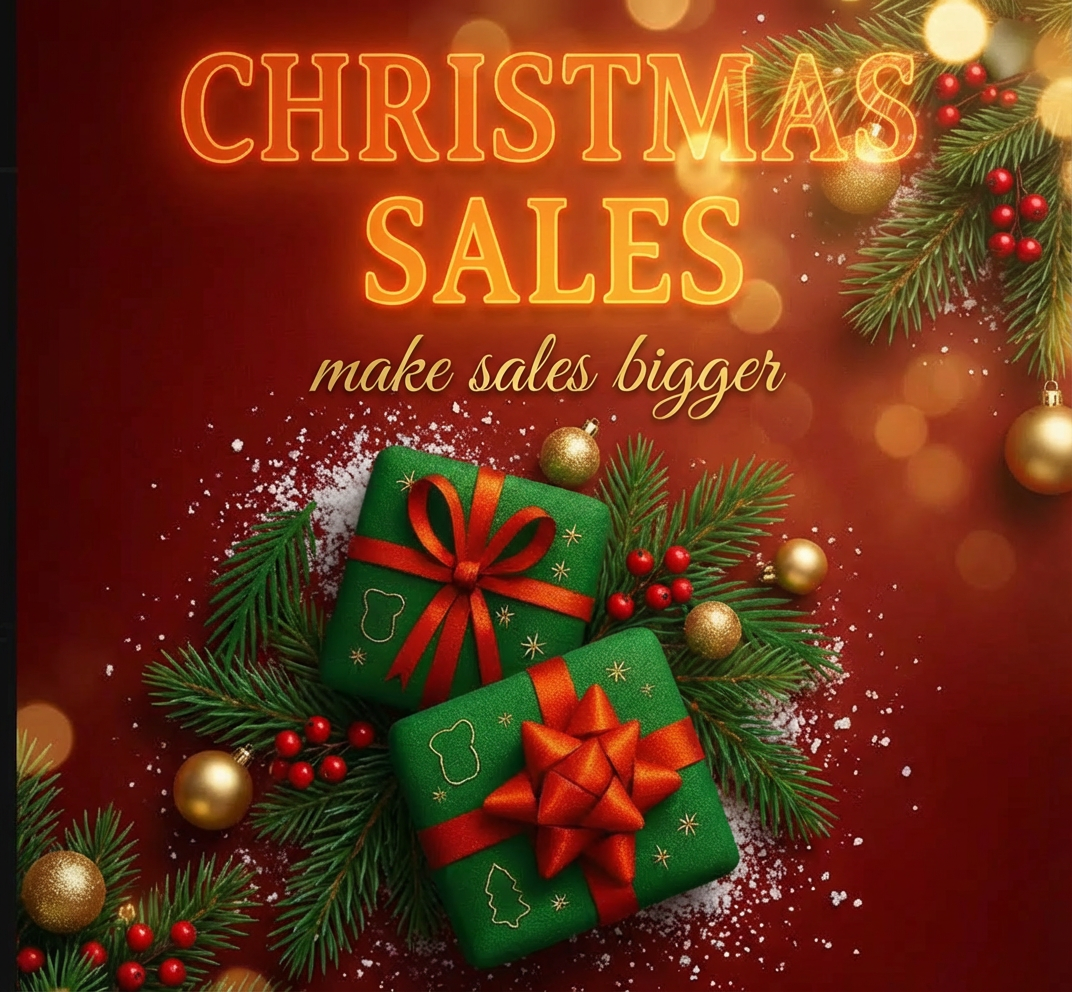 Christmas sale promotional poster featuring red background, festive green gift boxes, and a holiday discount message.