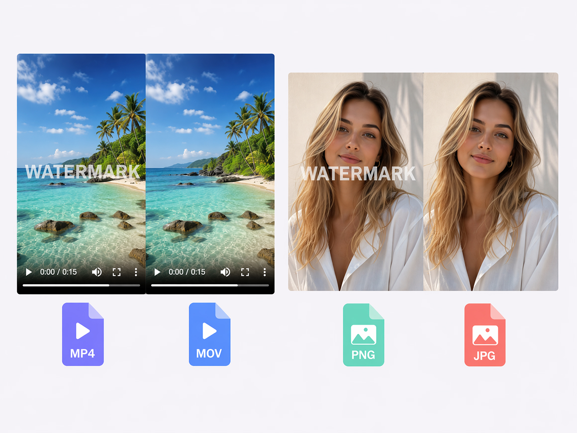 Watermark removal for MP4, MOV, PNG, and JPG files