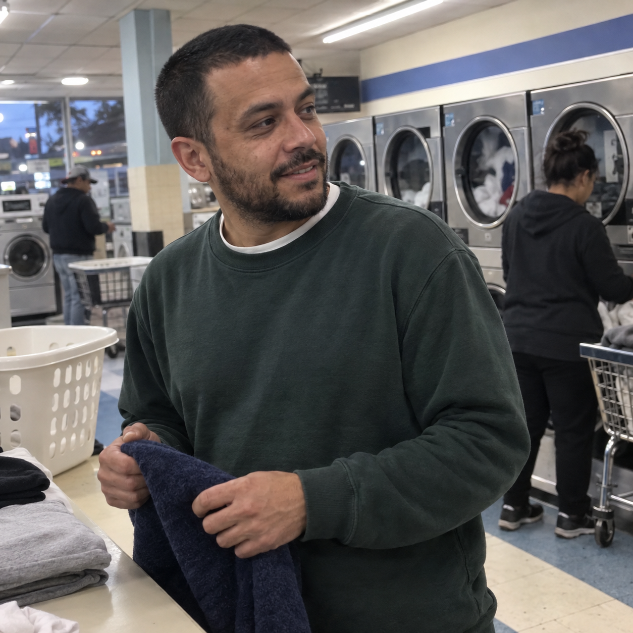 Victor T. folding clothes in a laundromat
