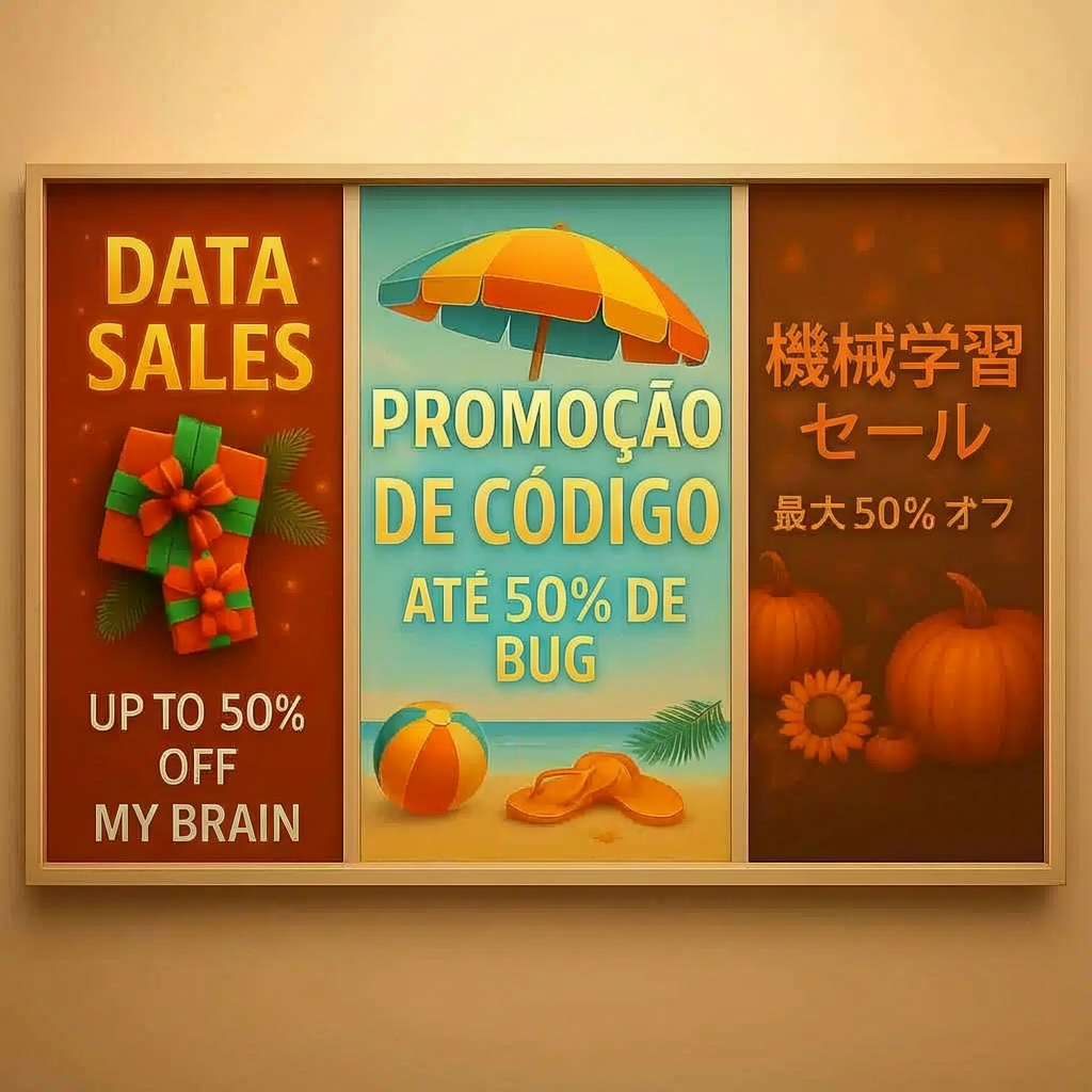 Holiday-themed business posters in English, Portuguese, and Japanese showing Christmas, Thanksgiving, and Summer Sale Advertisements.