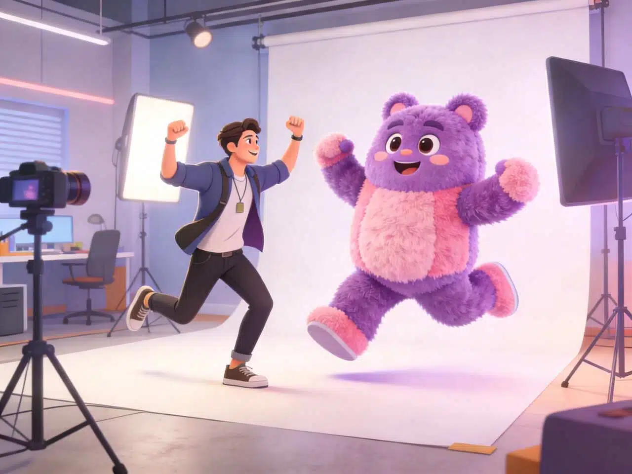 Um criador de conteúdo e um adorável urso roxo pulam em perfeita sincronia em um estúdio profissional.