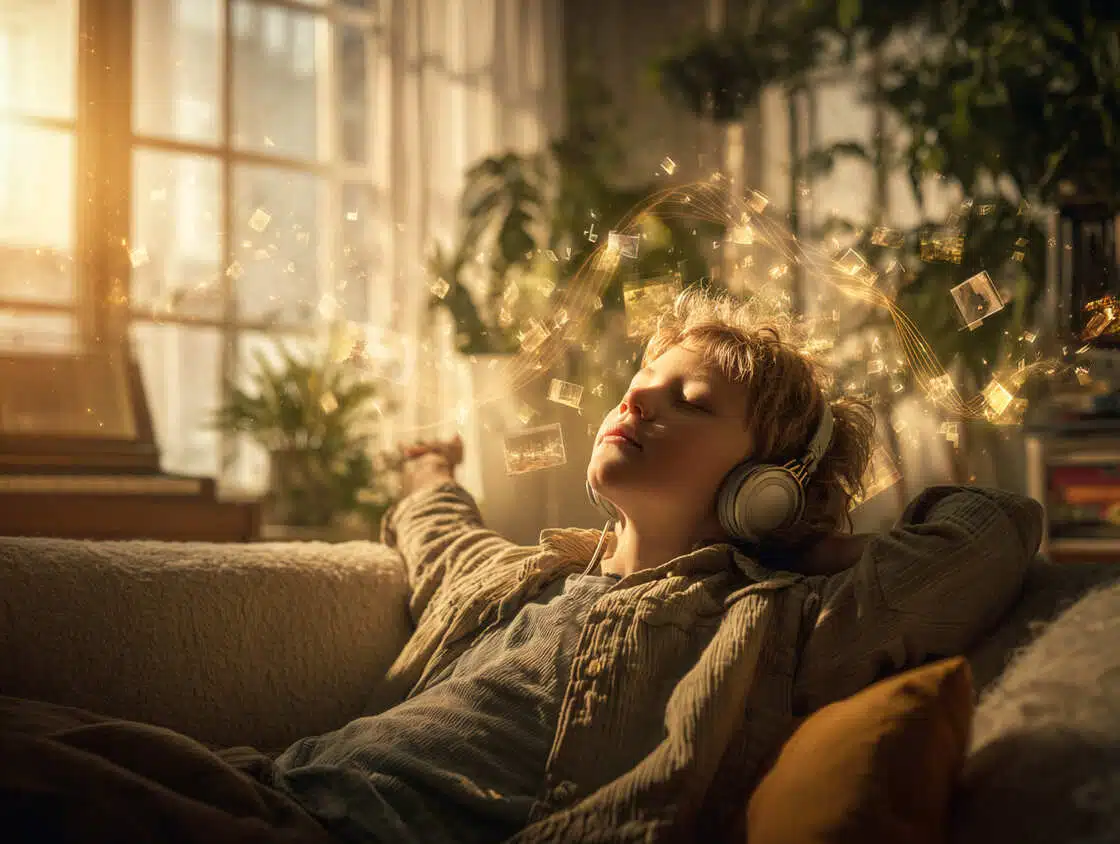 A young person is lounging on a sofa with their eyes closed, wearing large over-ear headphones. Warm sunlight pours in through a window behind them, with soft-focus houseplants and a calm, homey interior in the background. Floating around their head are glowing, golden, abstract shapes—almost like tiny tiles, musical notes, or digital fragments—suggesting imagination, music, or thoughts coming to life. The overall mood feels peaceful, immersive, and slightly magical, as if the music they’re listening to has turned into light.