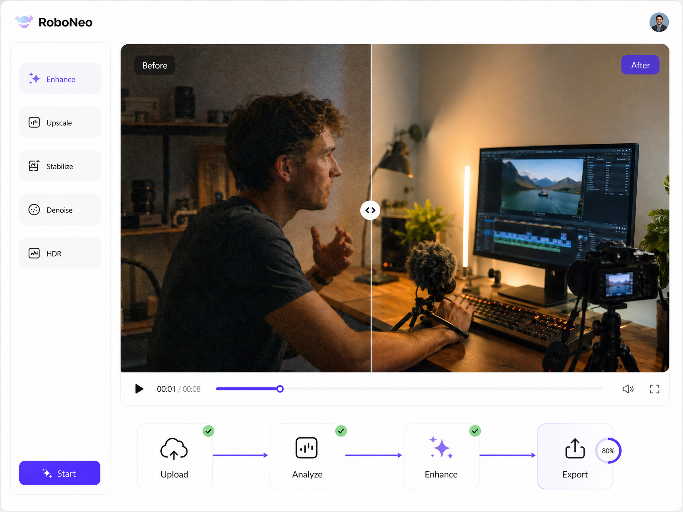 RoboNeo AI video enhancement before-and-after preview