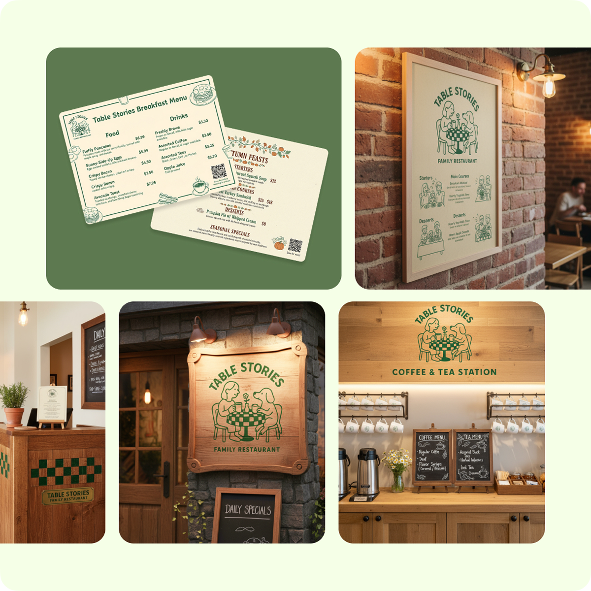 A collage of the 'Table Stories Family Restaurant' brand. Images include two menus (Breakfast and Seasonal), a framed menu on a brick wall, a wooden exterior sign with the logo, a branded counter with a chalkboard menu, and branded wooden cabinetry.