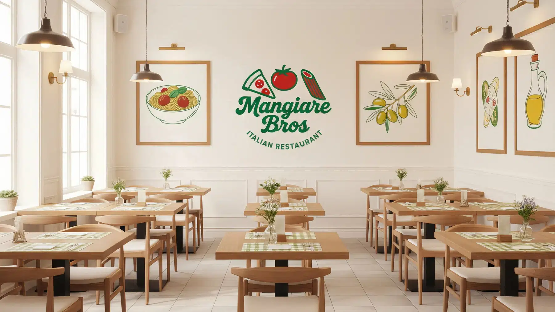 Bright, modern Italian restaurant interior with light wooden tables, chairs, and gingham placemats. The white wall features the "Mangiare Bros Italian Restaurant" logo and three framed illustrations of pasta, olives, and olive oil.