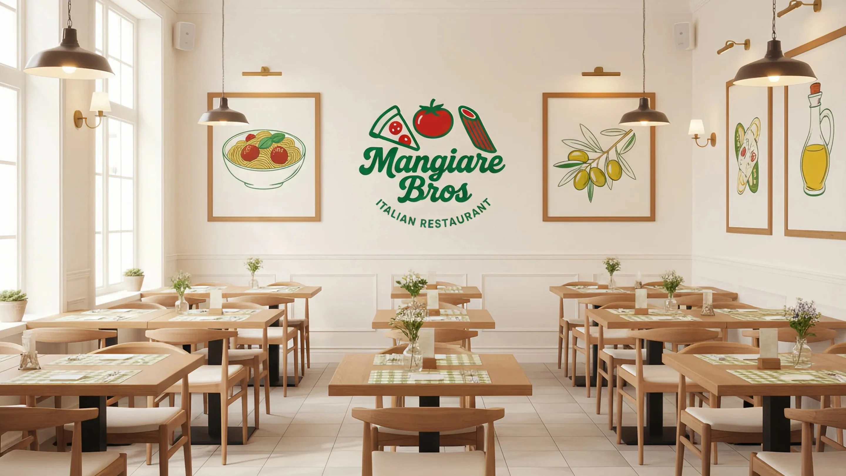 Bright, modern Italian restaurant interior with light wooden tables, chairs, and gingham placemats. The white wall features the "Mangiare Bros Italian Restaurant" logo and three framed illustrations of pasta, olives, and olive oil.