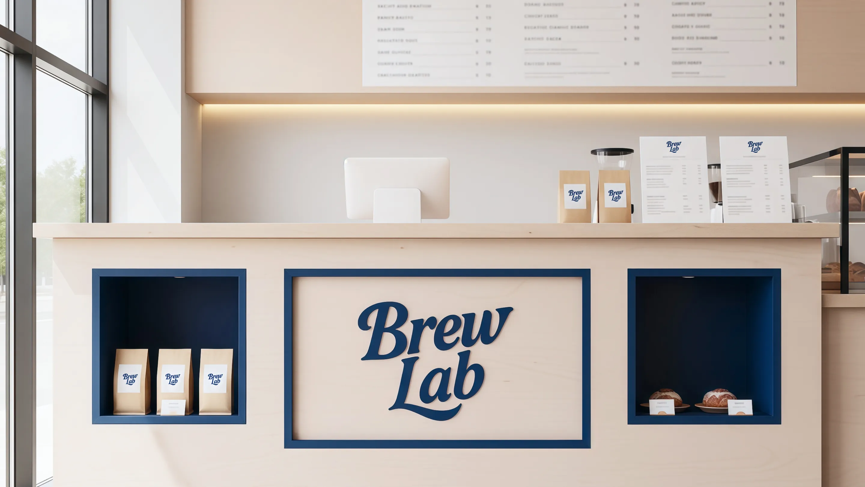 Modern minimal storefront branding created with X-Design, showing clean signage and cohesive brand identity across physical store materials.