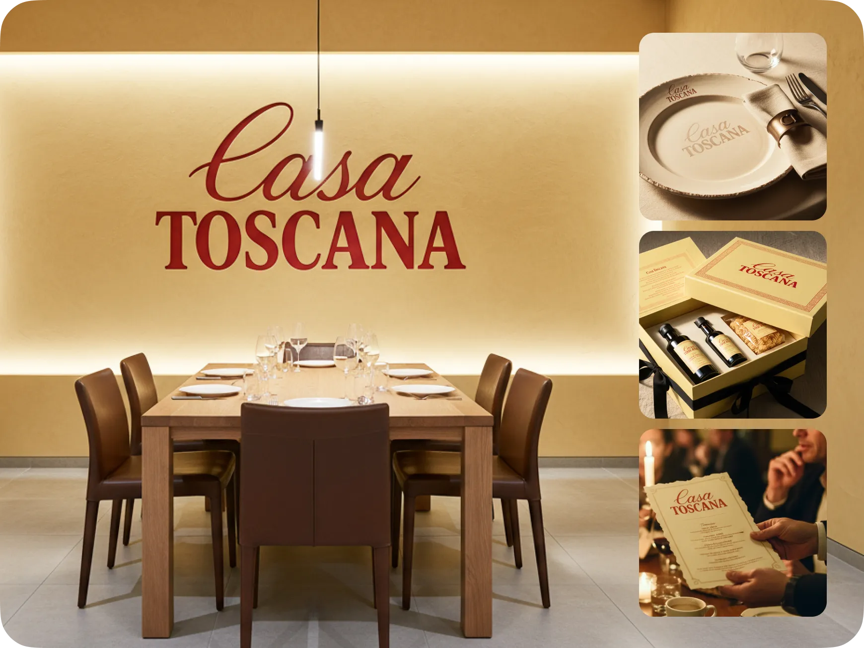 A collage showcasing the elegant Casa Toscana restaurant brand. The main image features a set dining table with brown chairs in a warmly lit, modern restaurant. Smaller insets show a branded plate setting, a gift box with small bottles, and a person holding a branded menu.