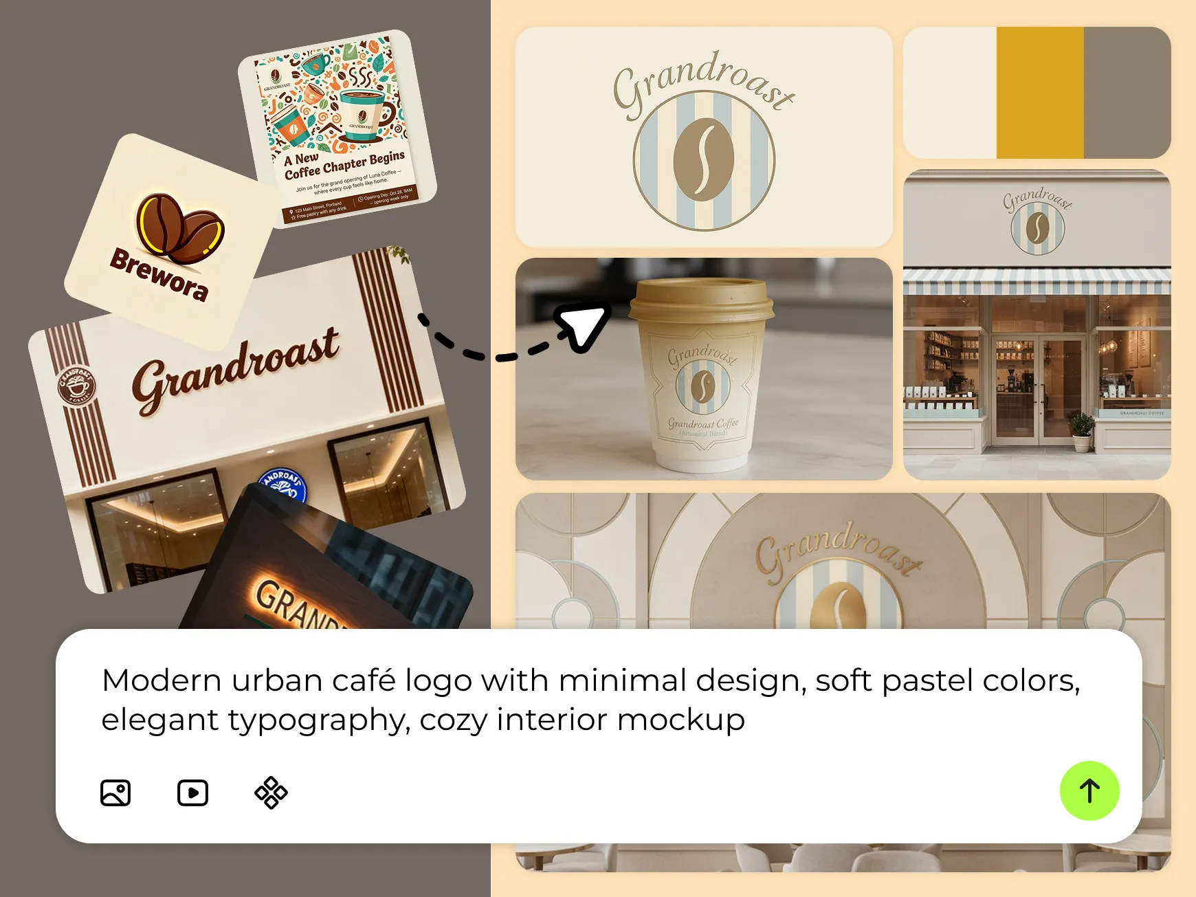 Before-and-after brand identity comparison: low recognition and inconsistent visuals vs cohesive, high-recognition branding generated with X-Design, including the prompt interface.