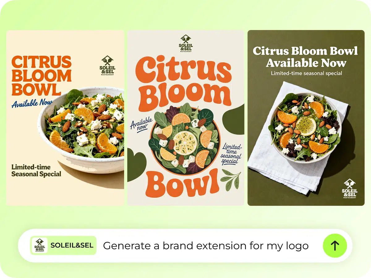 Three promotional posters for "Soleil & Sel Restaurant" featuring a "Citrus Bloom Bowl" seasonal special. All three designs showcase a fresh salad with oranges, almonds, and feta. Below the posters, a chat bubble states, "SOLEIL & SEL Generate a brand extension for my logo.