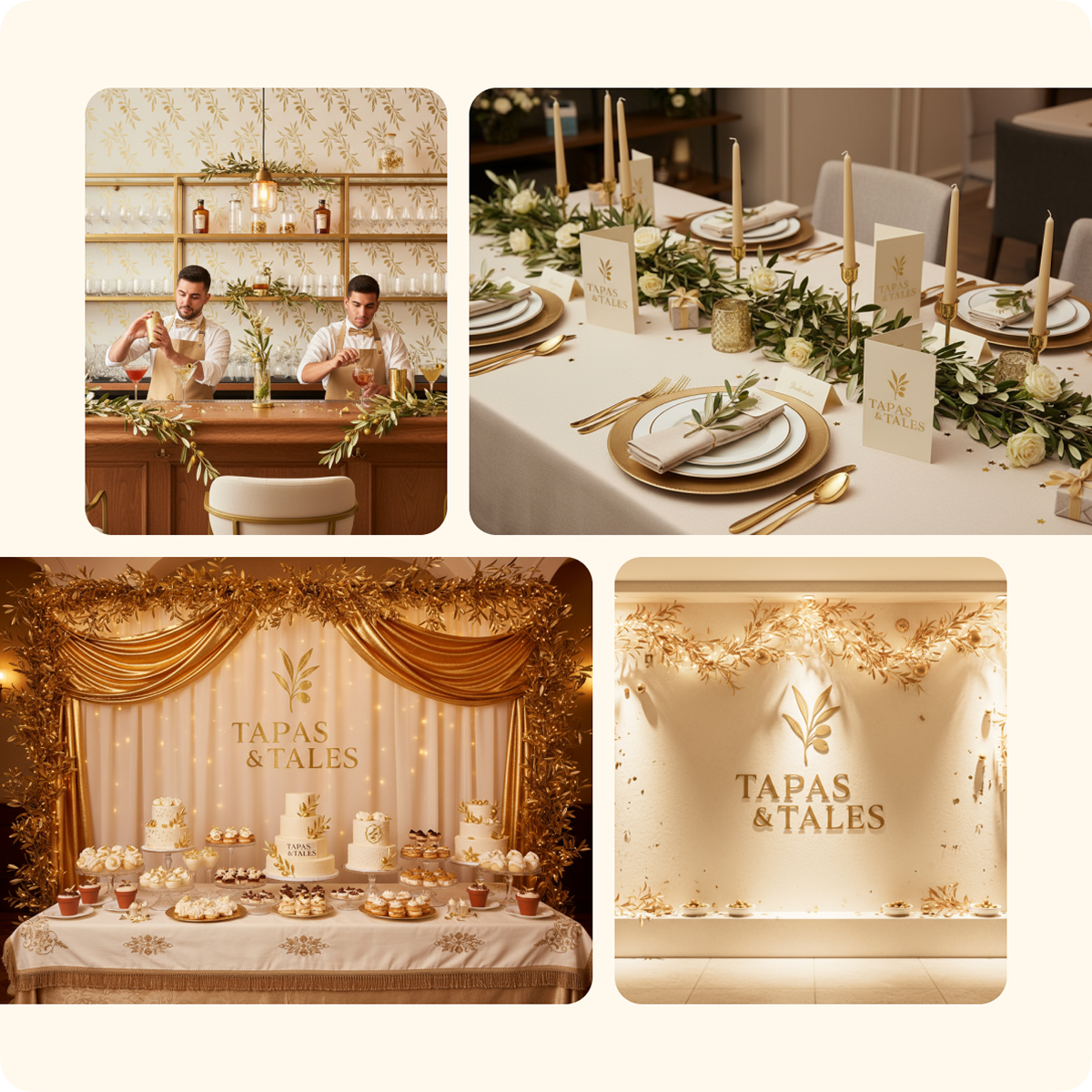 A luxurious, gold-themed brand identity collage. Images show two bartenders behind a bar decorated with olive branches, an elegantly set formal dinner table with gold cutlery and olive branch centerpieces, a dessert table with multiple gold-accented cakes, and a branded wall display.