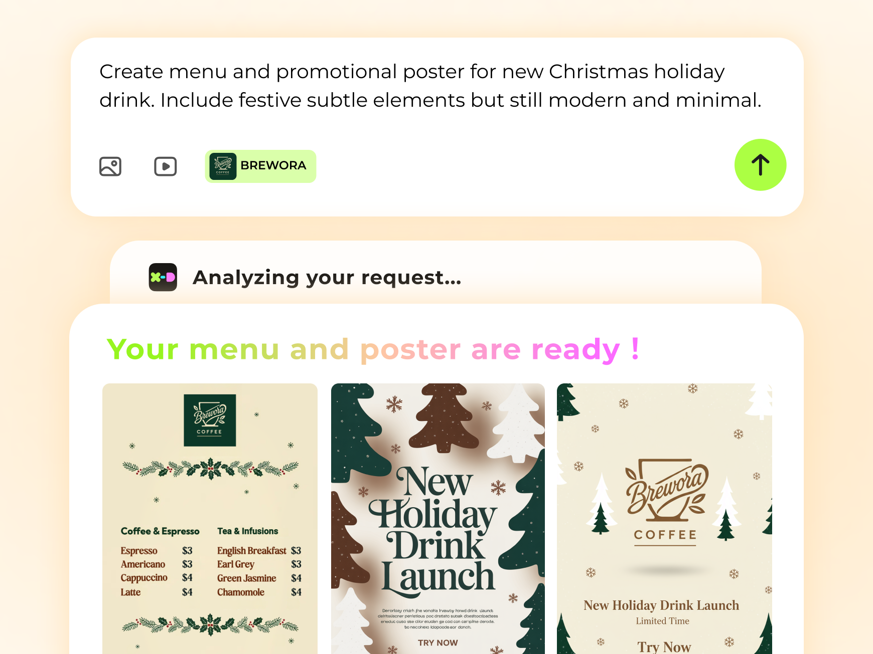Christmas marketing menu and poster designed with X-Design, featuring festive graphics and the visible prompt interface.
