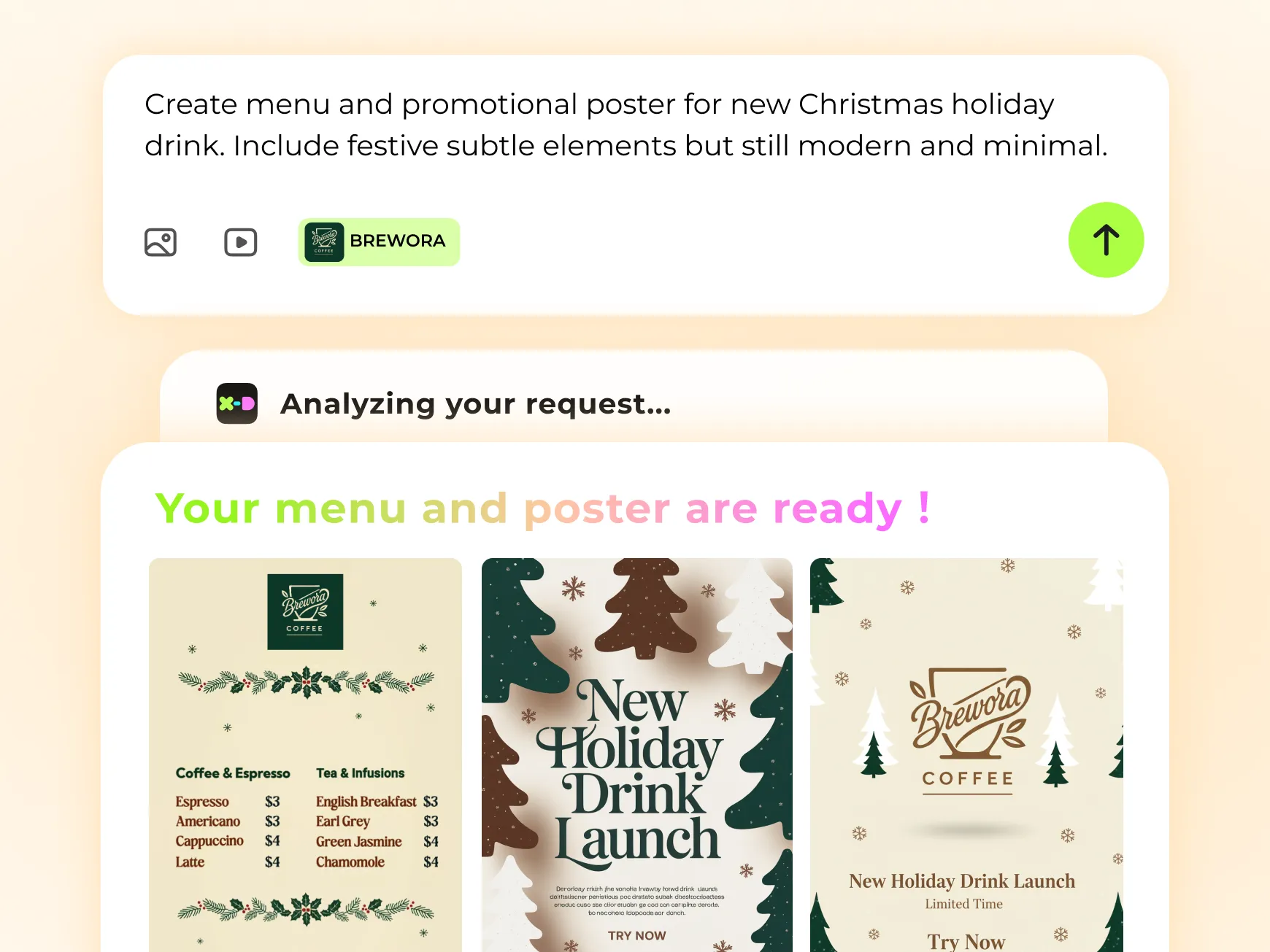 Christmas marketing menu and poster designed with X-Design, featuring festive graphics and the visible prompt interface.